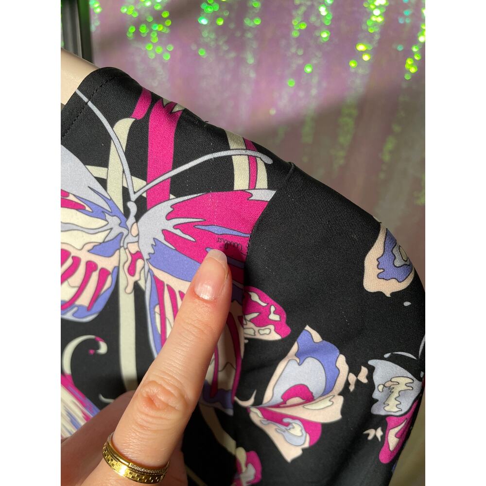 Emilio Pucci Butterfly Print Sheath Dress US 8 Black Pink Y2K Ruched Silk Blend - Picture 7 of 10